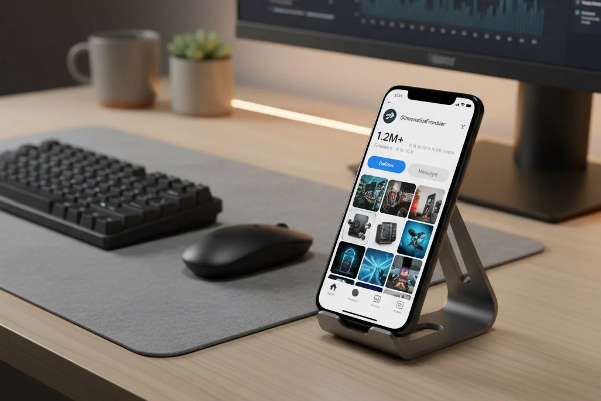 Professional smartphone displaying Instagram profile with growing followers on a modern desk setup